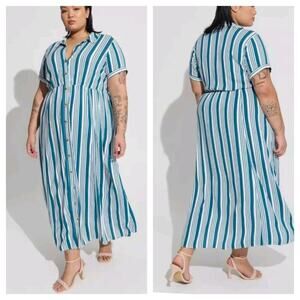 Torrid Rayon Slub Godet Maxi Dress sz 2 (22/24) Teal White Striped Pockets